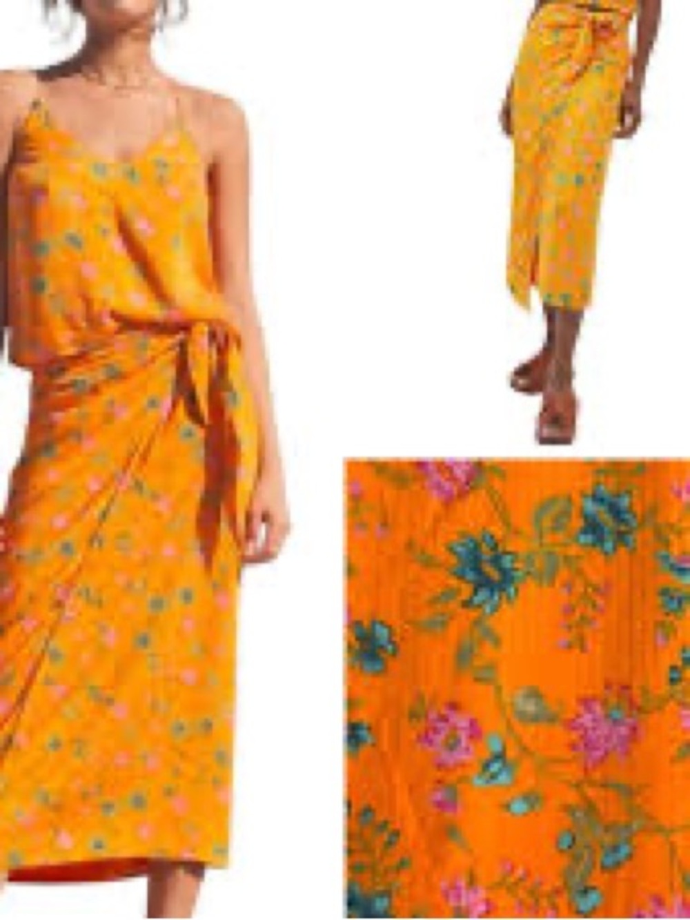 Anthropologie Orange Floral Midi Skirt with Waist Tie